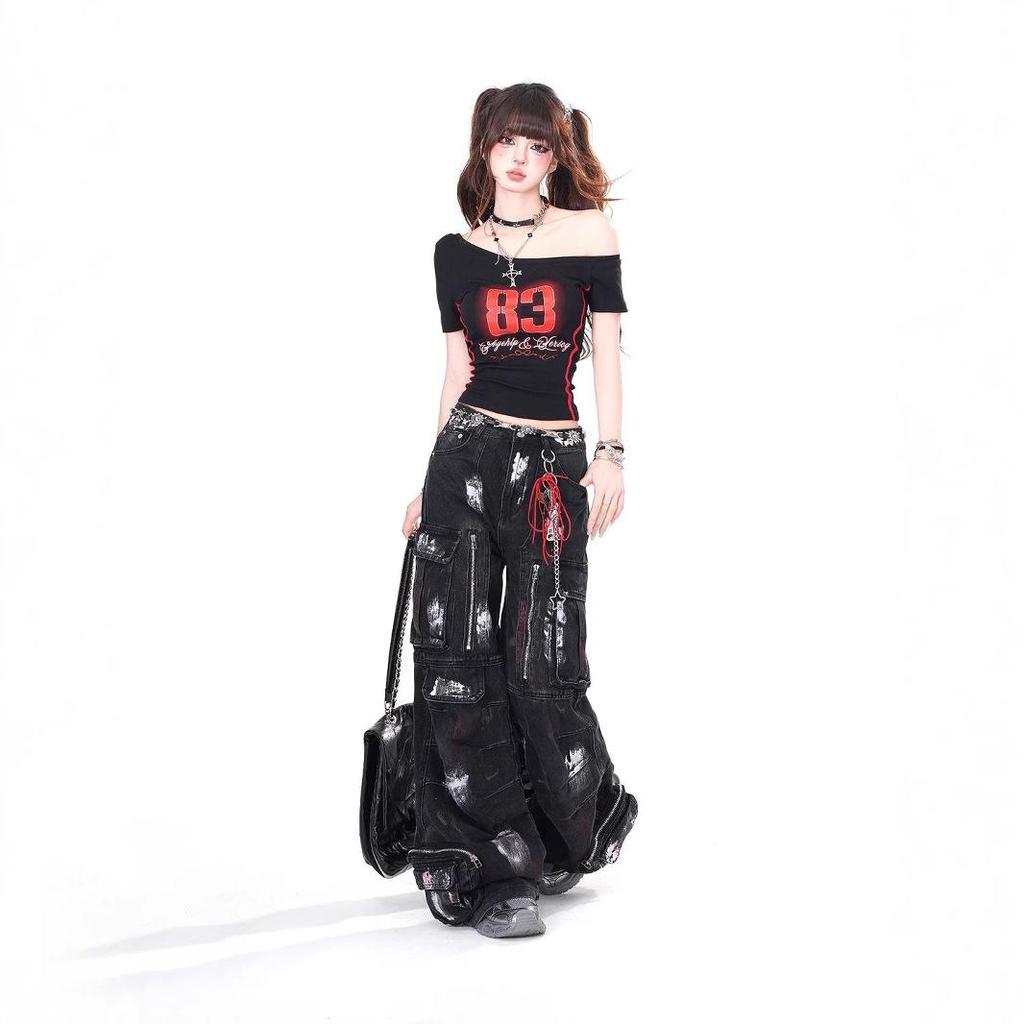 American Style Off-Shoulder Letter Print Slimming Women's Summer T-Shirt