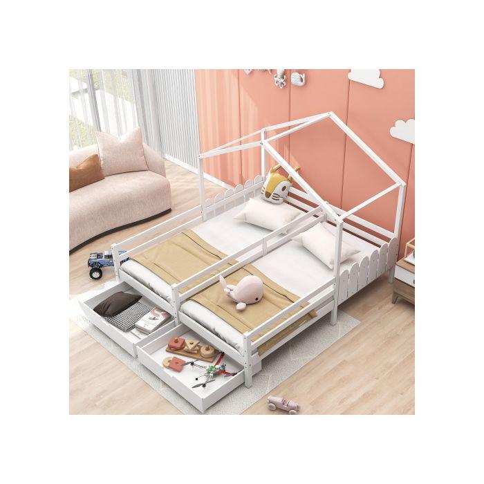 Lit Enfant - MUVOE - Lit À Lattes Avec 2 Tiroirs - MDF - 200x90 Cm - Blanc