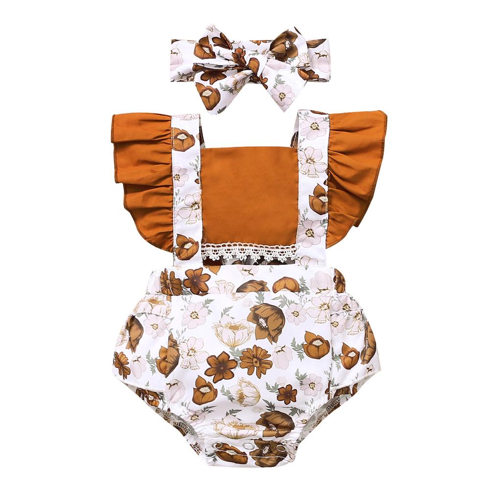 Infant Baby Girls Ruffle Snakeskin Printed Backless Romper Bodysuit+Headbands