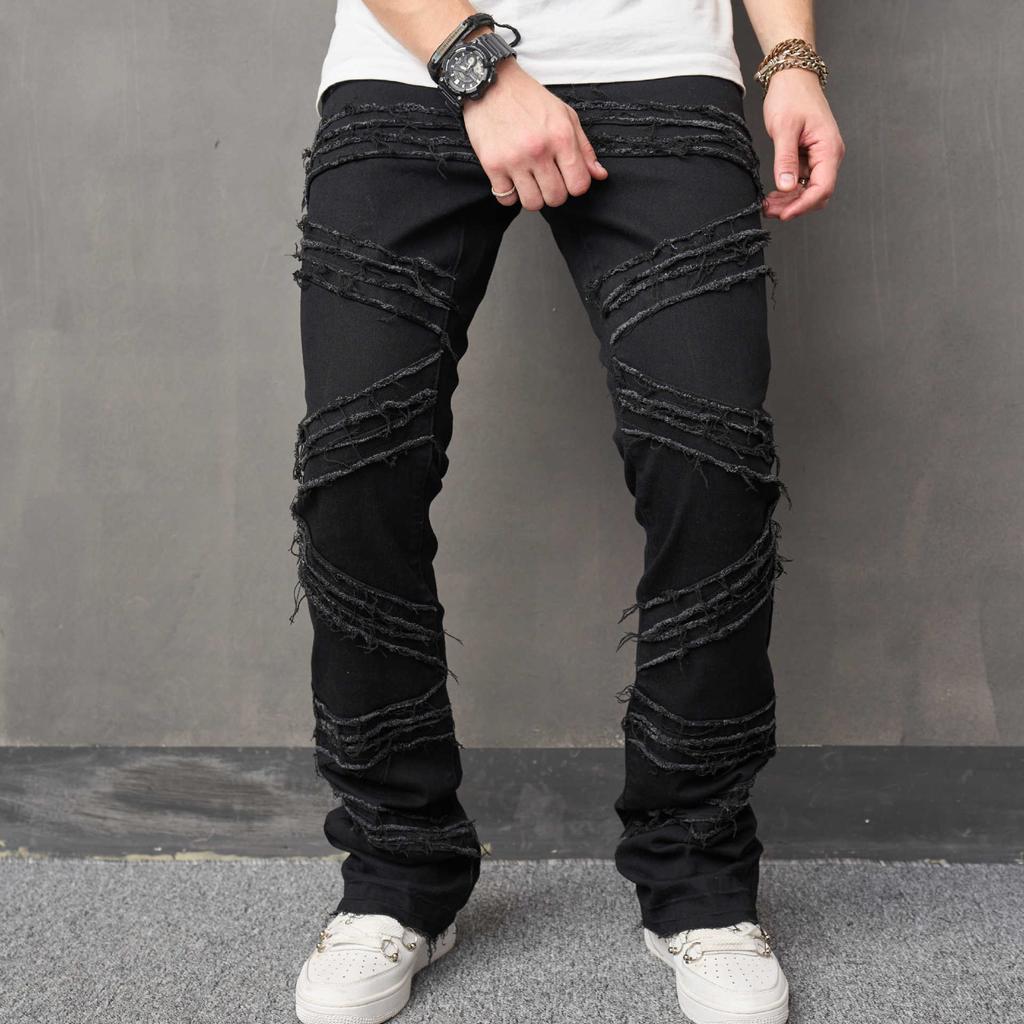 New Ripped Men'S Jeans With Cat Whiskers Sewn Fabric, Fashionable Elastic Loose Wide Leg Pants, Casual Men'S Pants
