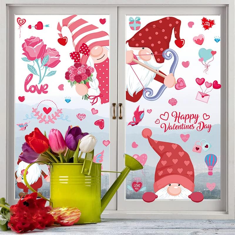 Valentines Day Window Clings Decorations,126Pcs Valentines Window Clings Gnome Heart Decal for Glass,Fabulous for Holiday Decals Family Couples