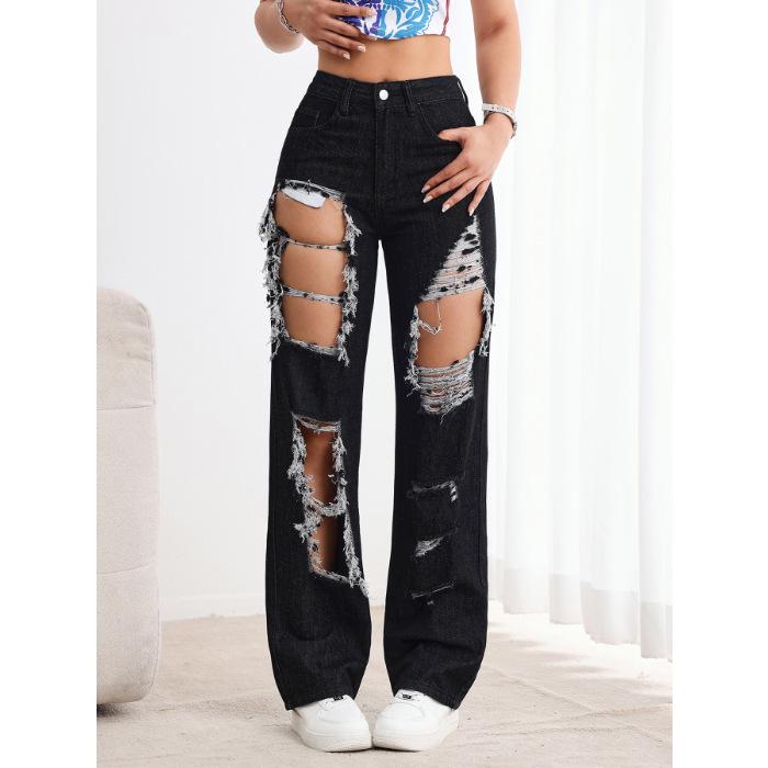 

Женские джинсы с высокой посадкой, рваные, черные, прямого кроя M чёрный