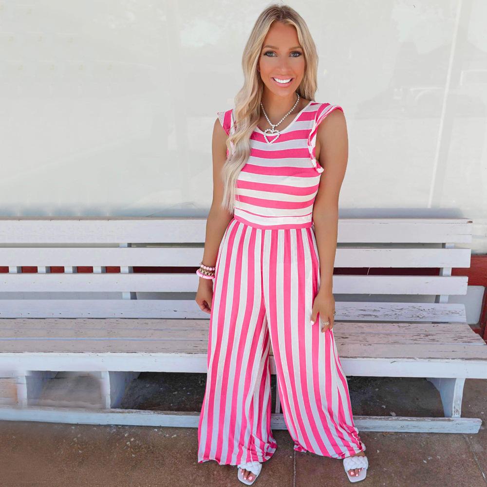 Letní dámská móda kombinéza bez rukávů s pruhovaným potiskem, volný kombinéza