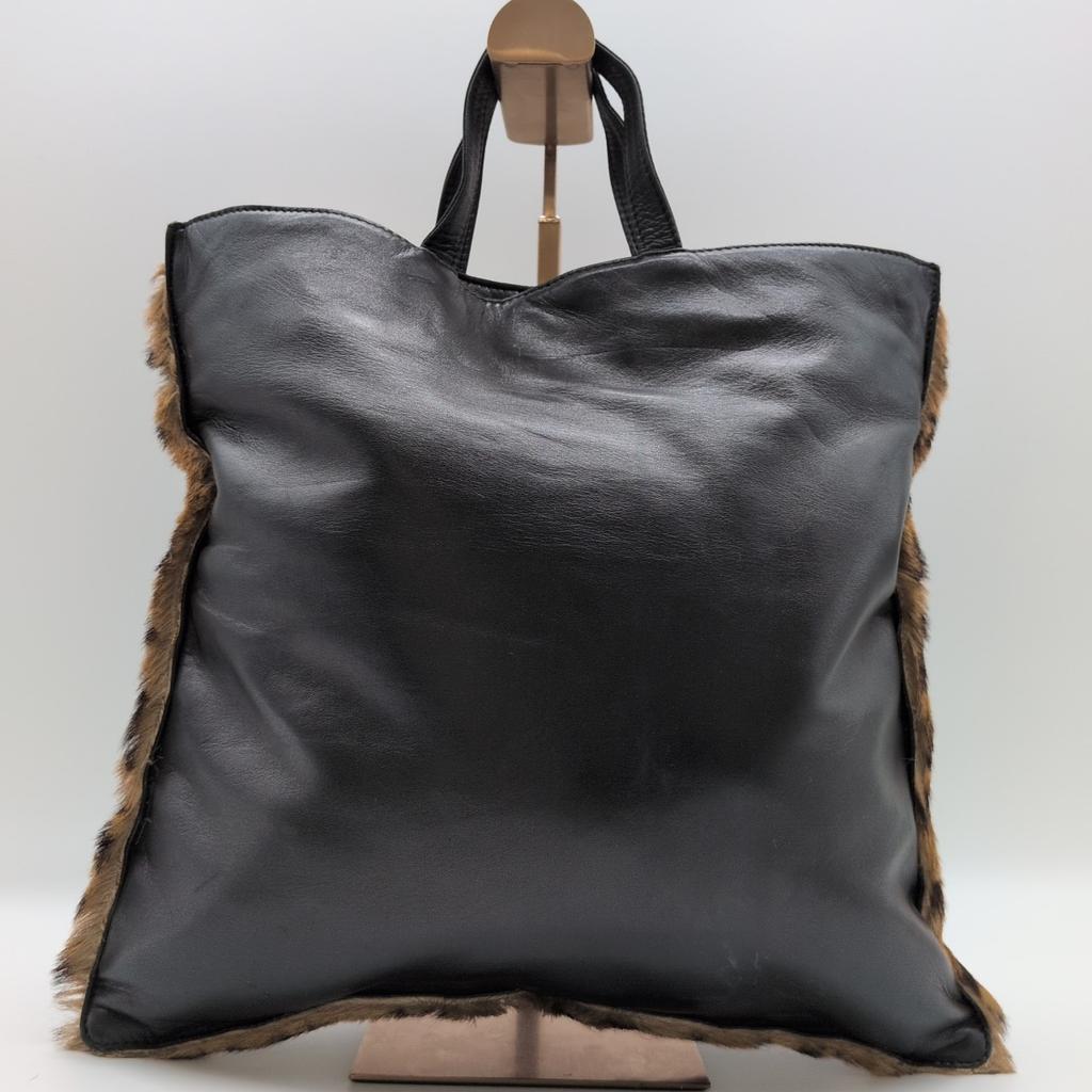 LOEWE Unborn Calf Leopard Print Fur Tote Bag Handbag Nappa Leather Black Auth