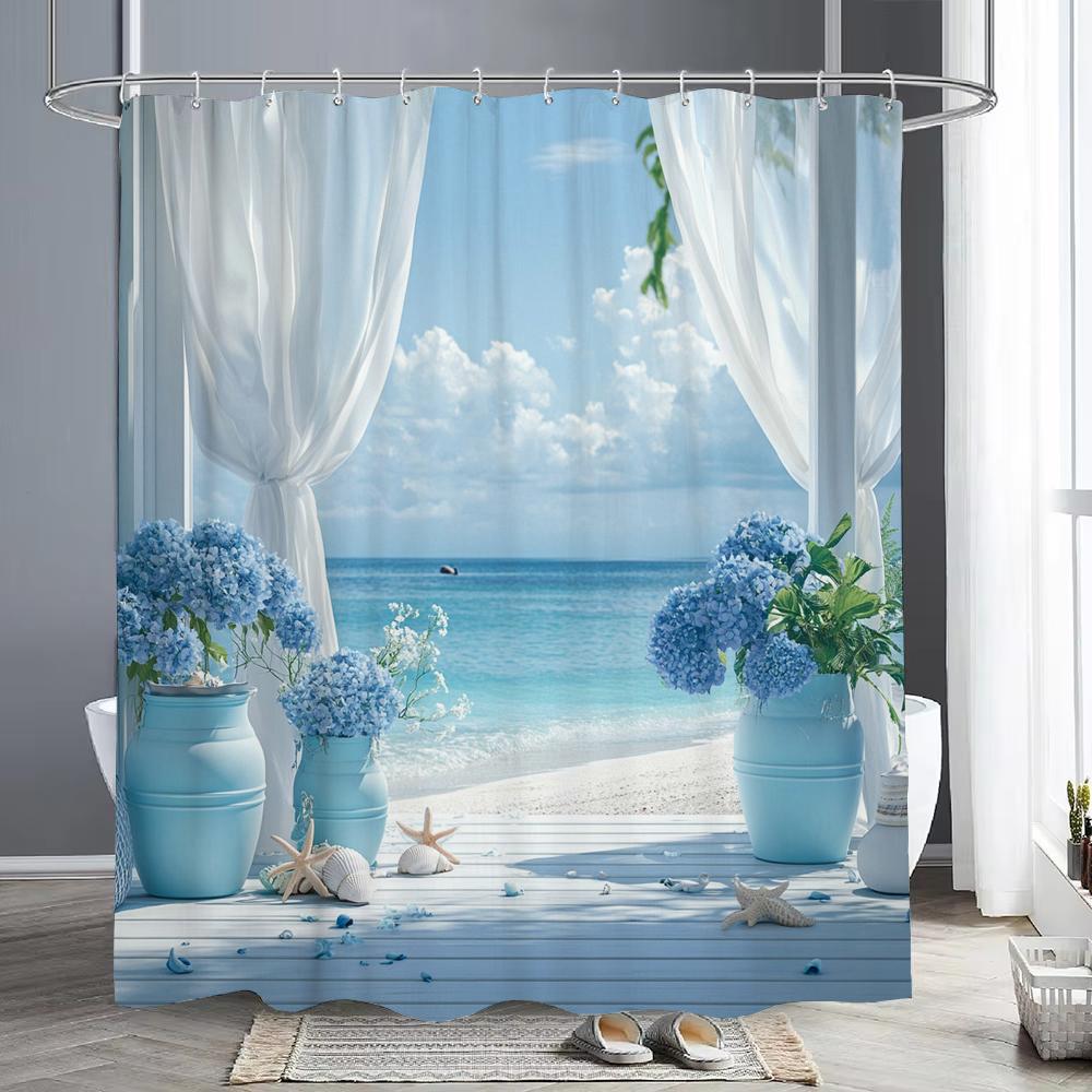 Tenda da Doccia Floreale Stella Marina Conchiglia Ocean Beach, Tenda da Doccia Decorativa per Bagno, Tenda da Doccia Impermeabile con Ganci