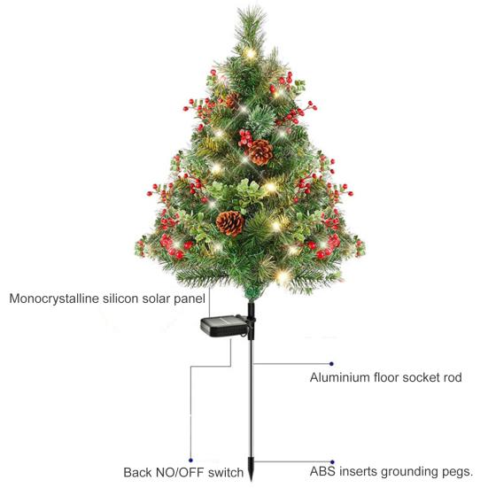 23 Inch Lighted Artificial Christmas Urn Filler Pre-lit Xmas Pine Tree with Cones Red Berries Tripod Stake And LED Light Outdoor Porch Planter Filler