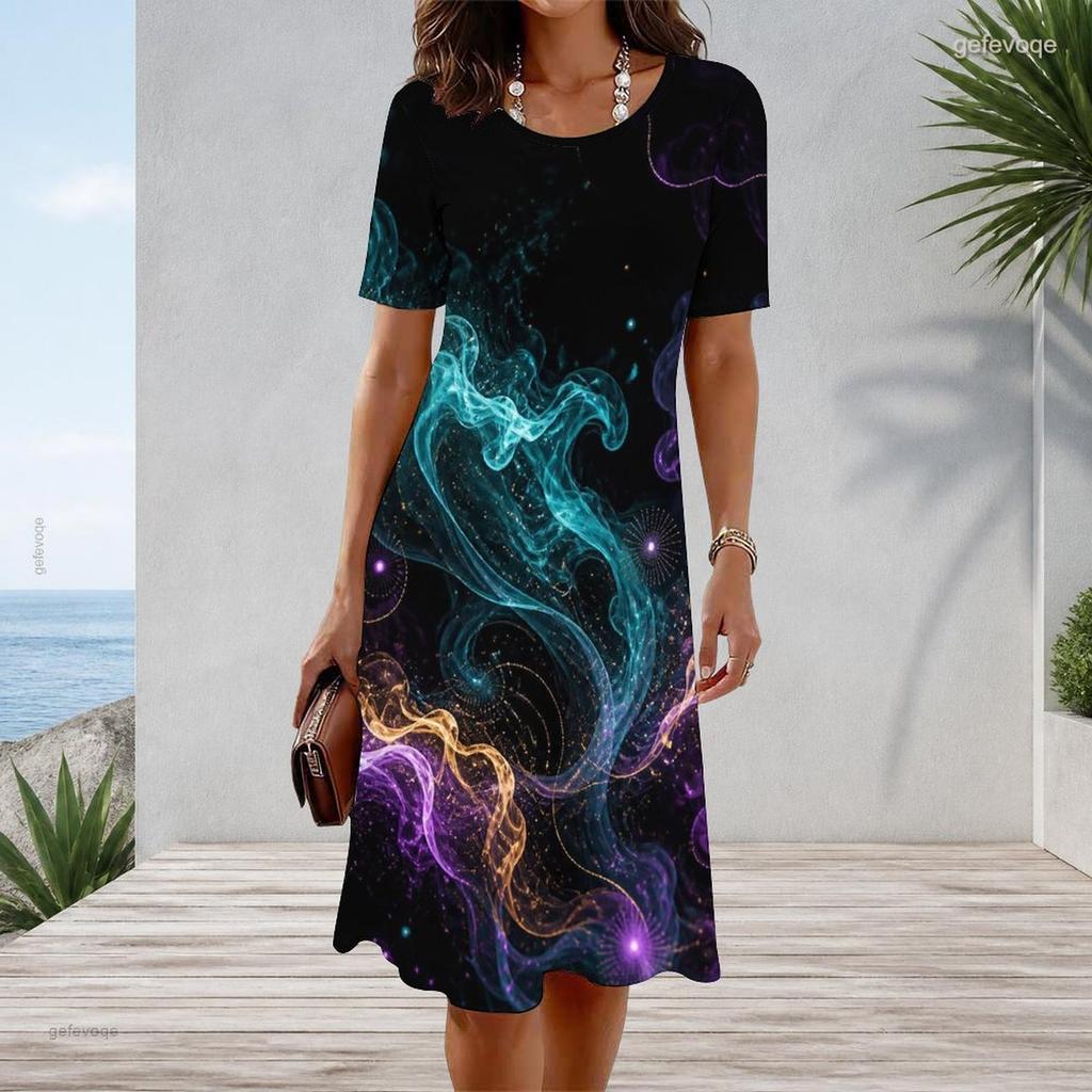 Women Plus Size Round Neck Short Sleeve Rainbow Printed A Line Dress