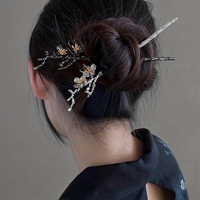 Chinesischer Stil Pfirsichblüten Haarstäbchen für Damen Einfache Metallblumen Essstäbchen Haarspangen Frisur Design Werkzeuge Zubehör