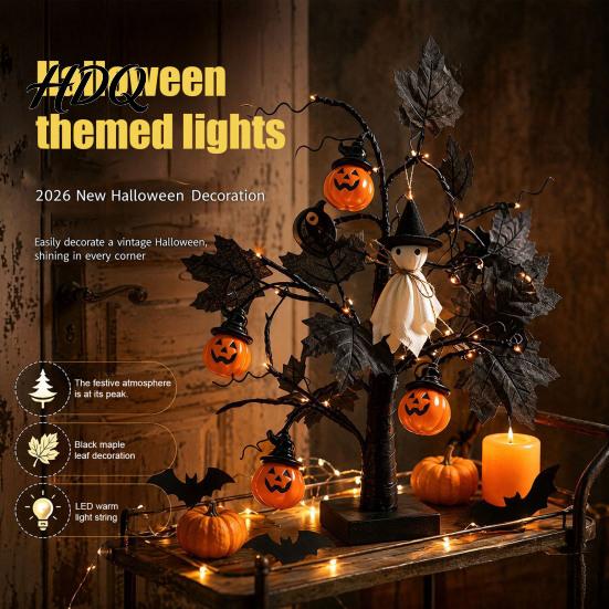 Lampade Natalizie da Tavolo Albero di Halloween Luce LED Ramo Nero Illuminato con Occhio di Fantasma Zucca Ragno USB Festival Luci da Interno Oggetti di Scena e Batteria