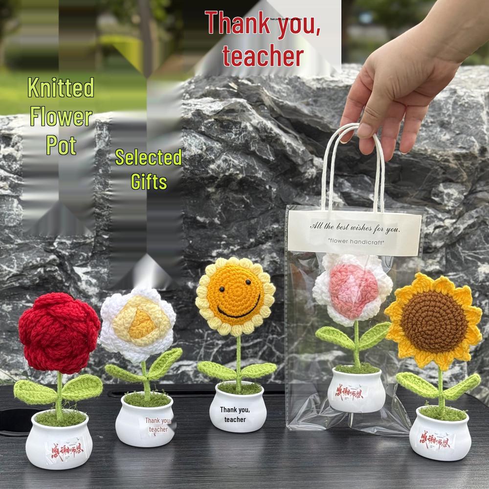 Handmade Sunflower Yarn Knitted Flower Pot - 2025 Teacher's Day Gift for Female Teachers
