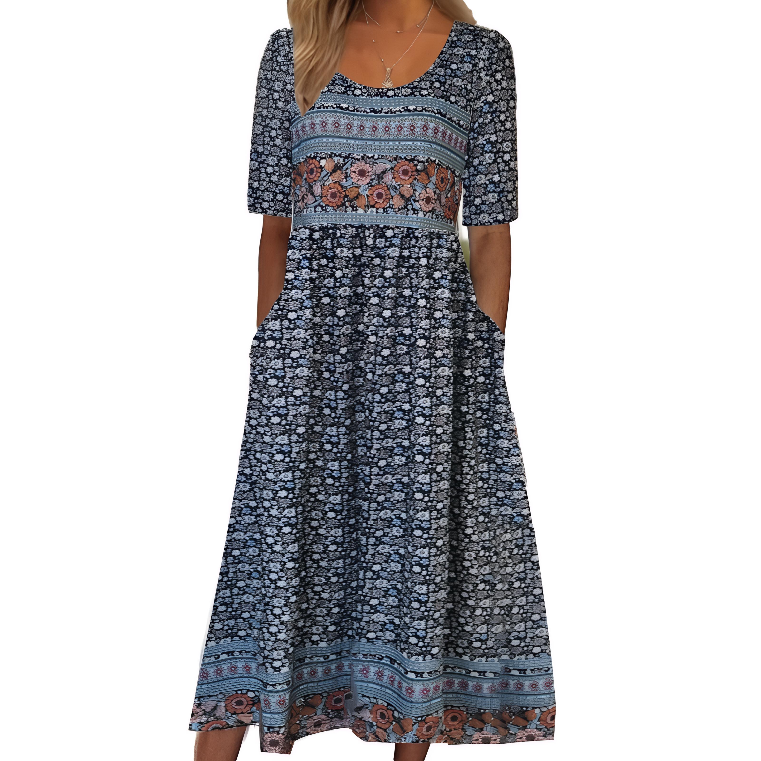 

Женская мода лето весна цветочный узор принт с коротким рукавом и круглым вырезом с высокой талией повседневные платья 5XL