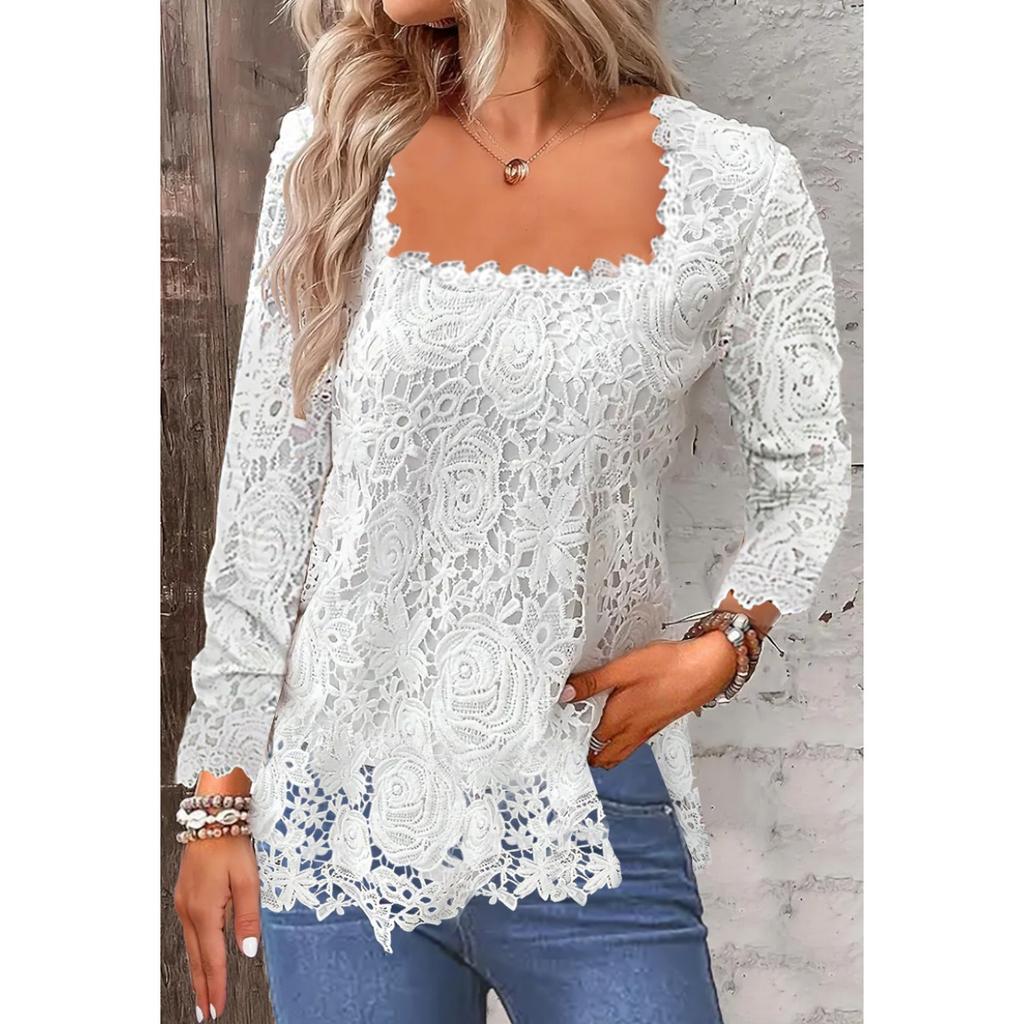Autumn Winter New Women's Long Sleeve Top, Square Neck U-Neck Lace Base Shirt Blouse for European American Foreign Trade