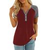 Women's Loose Fitting Daily Casual Color Blocking Button V-neck Short Sleeved T-shirt