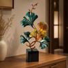 Ginkgo Leaf Sculpture Freestanding Metal with Stone Base Metalized