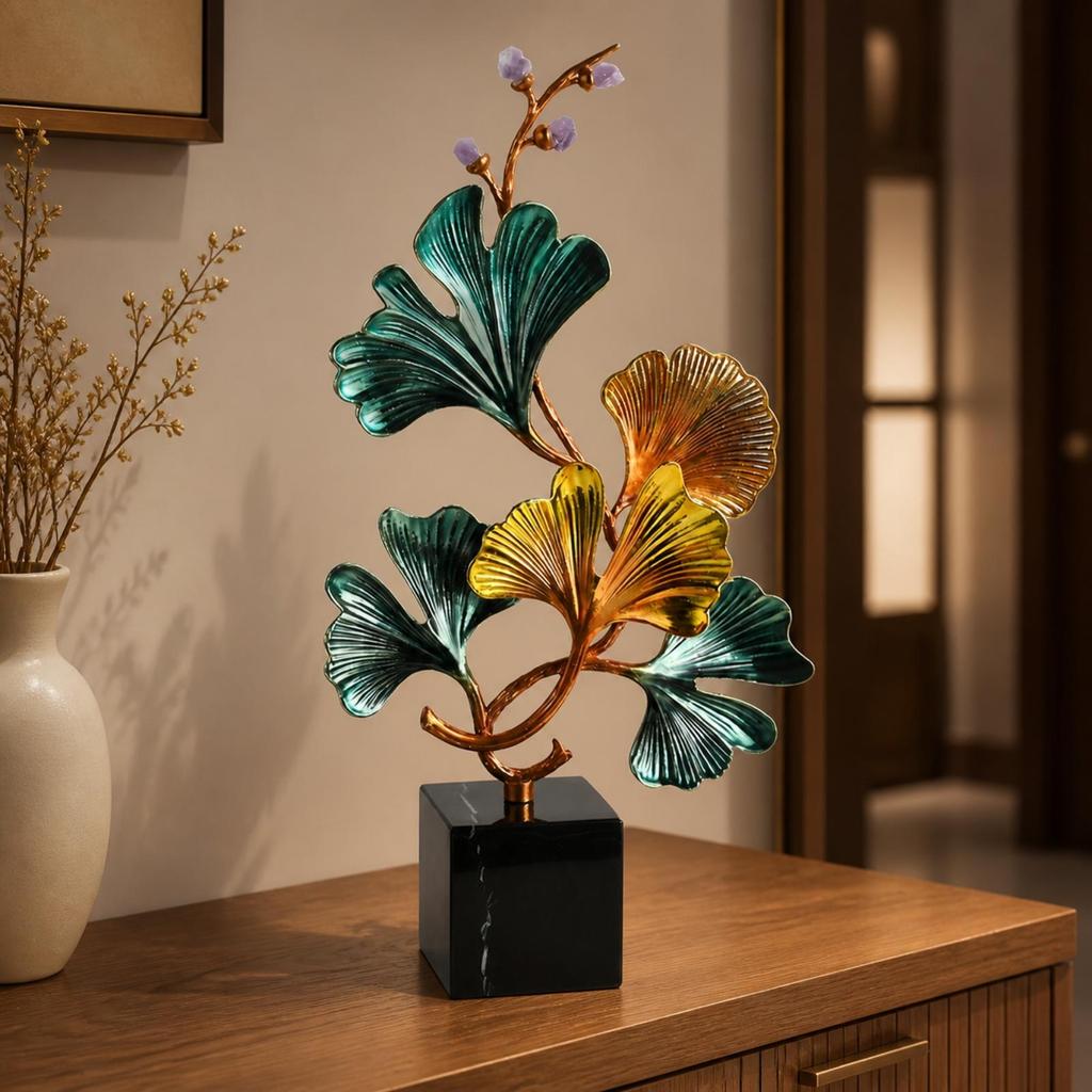 Ginkgo Leaf Sculpture Freestanding Metal with Stone Base Metalized