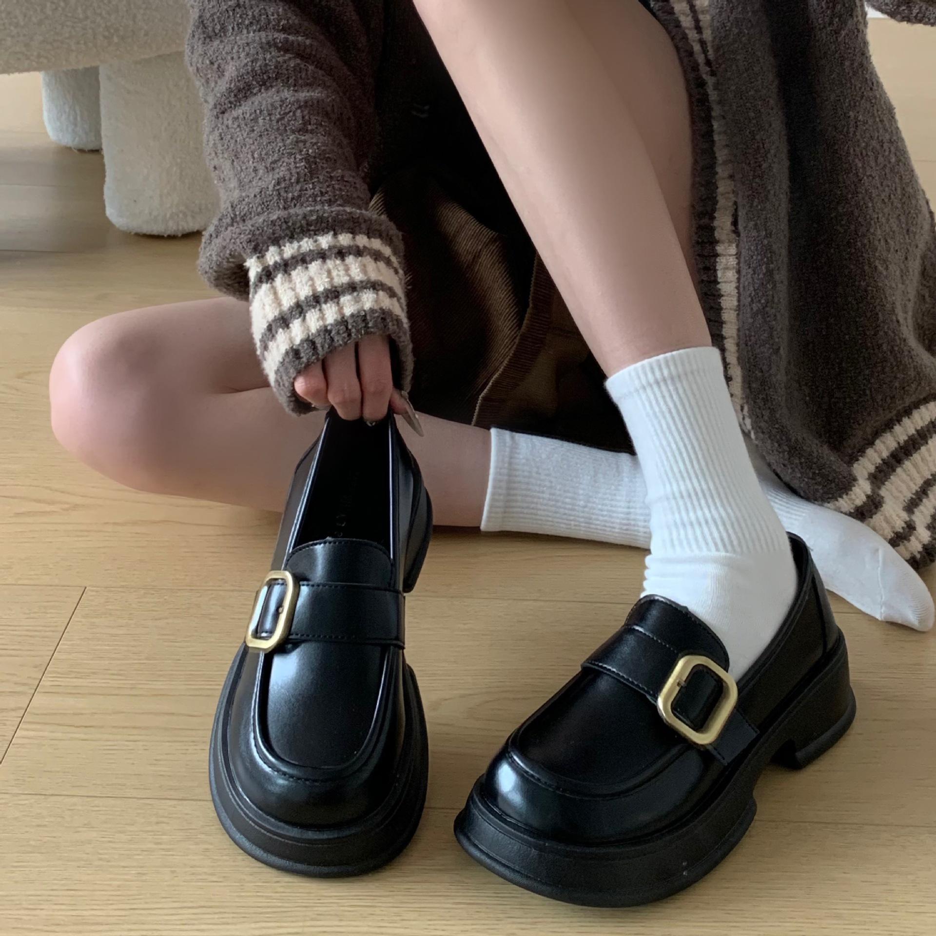 

Round head black popular versatile small leather shoes women s spring 2025 new thick heel Mary Jane single shoes middle heel muffin bottom 35
