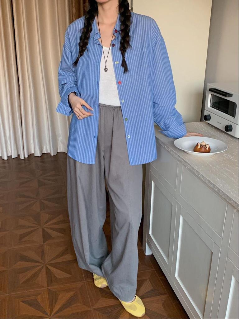 Women's Dopamine Color Striped Buckle Shirt - Personalized, Loose Long Sleeve Lapel Outerwear, ZG Whitening