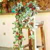 1PC Christmas Tree Vine Decorations Fireplace Wreath Gardens Artificial Holly Leaves Home Plastic Xmas Trees Red Berries Holiday