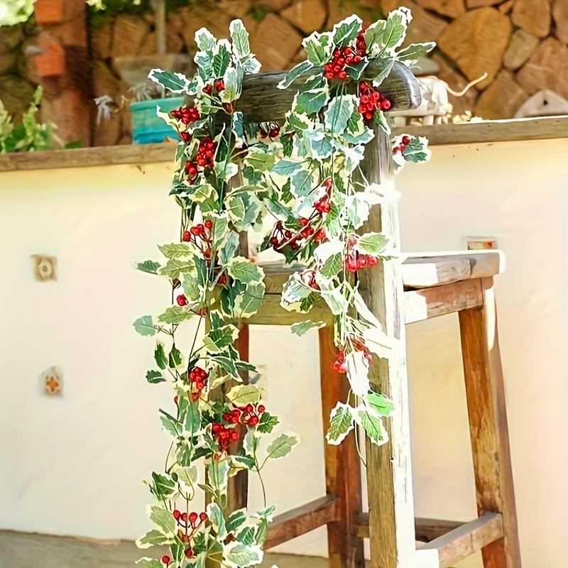 1PC Christmas Tree Vine Decorations Fireplace Wreath Gardens Artificial Holly Leaves Home Plastic Xmas Trees Red Berries Holiday