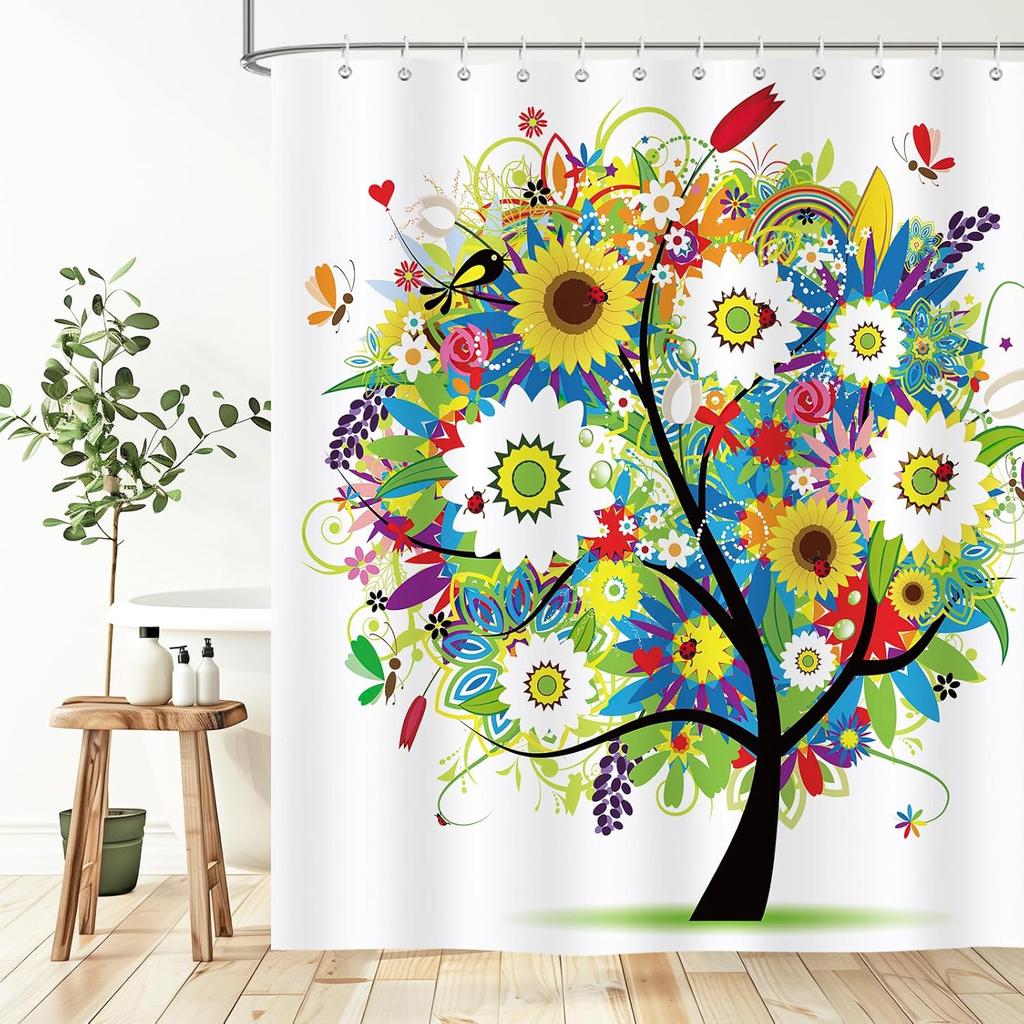 Tree of Life Shower Curtain,Art Colorful Tree Butterfly Leaves Waterproof Polyester Fabric Bathroom Curtain with 12Plastic Hooks