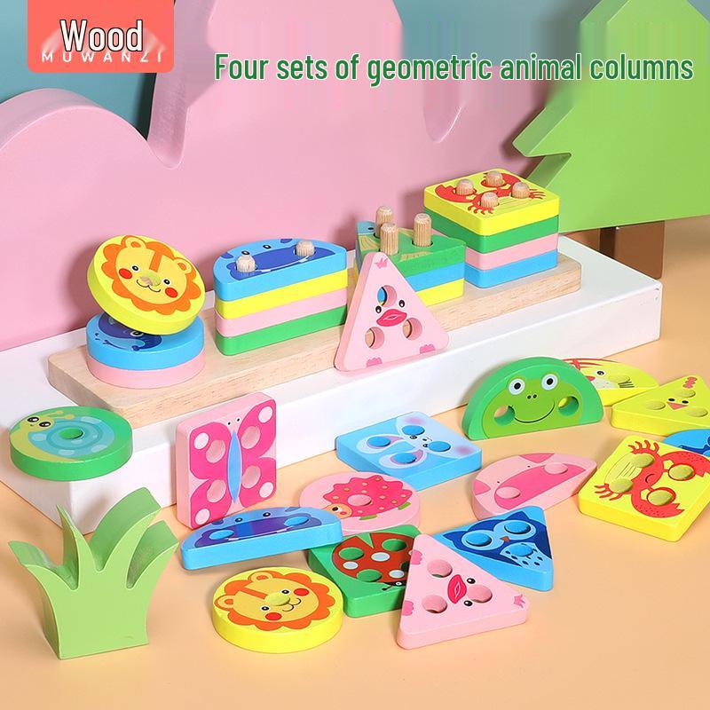 

Детские деревянные развивающие игрушки: Сопоставление геометрических фигур и животных с четырьмя столбцами