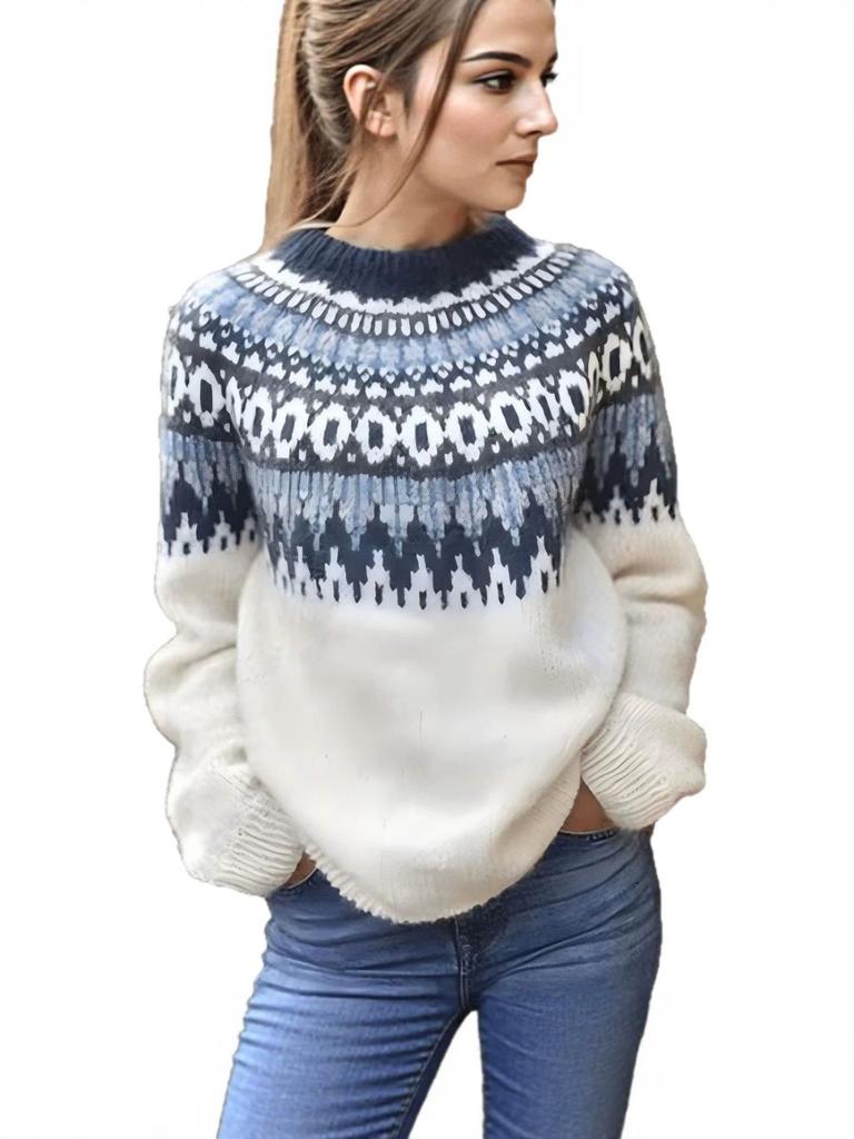 Women's 2026 Retro Color Block Knitwear: Long Sleeve, Comfortable, Versatile Round Neck Sweater