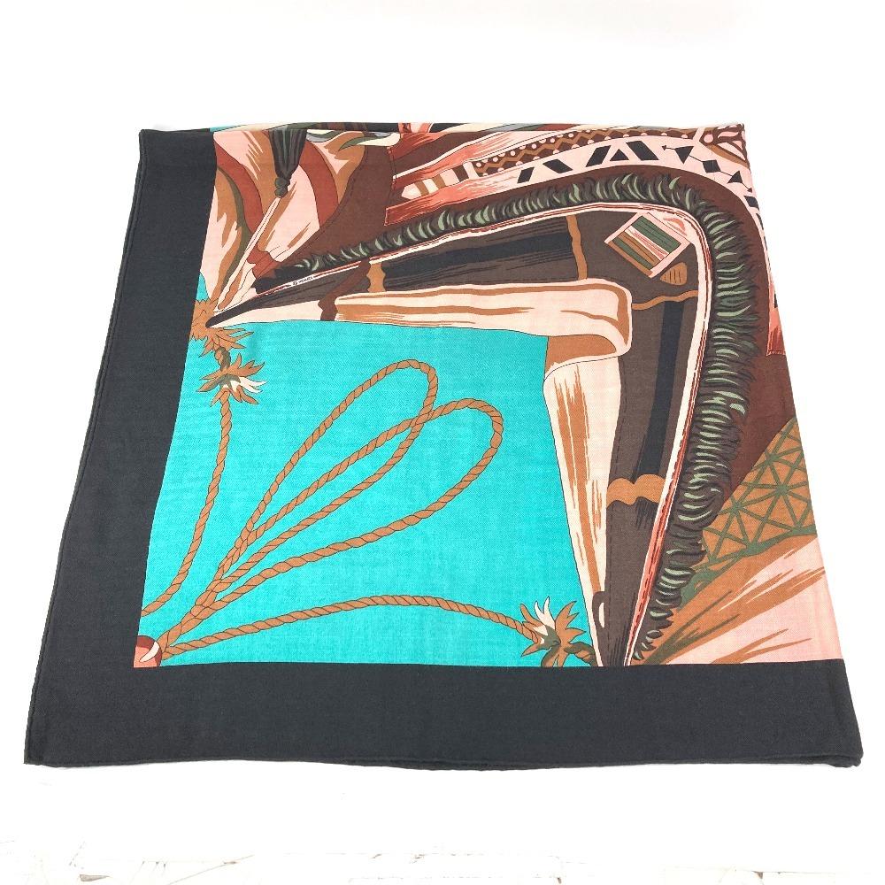 HERMES Calle Jean 140 Large Shawl Stole Scarf Cashmere / silk Black/Multicolore