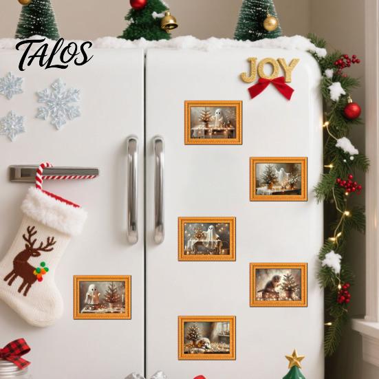 Holiday Kitchen Accessories Christmas Ghost/Dog/Cat Fridge Magnets, Retro Wooden Photo Frame Refrigerator Magnet, Strong Magnetic Creative Party