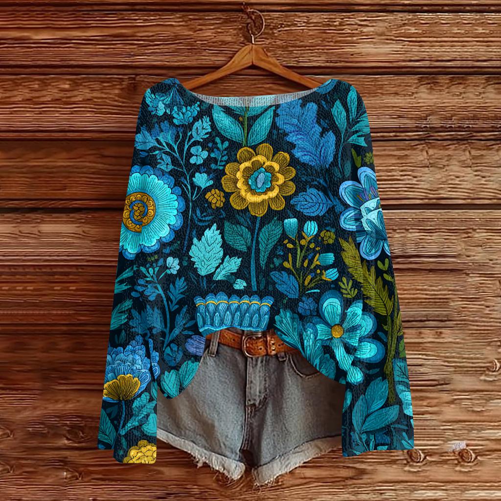 Women's Lightweight Sweater Casual Long Sleeve Knitted Vintage Floral Print Pullover