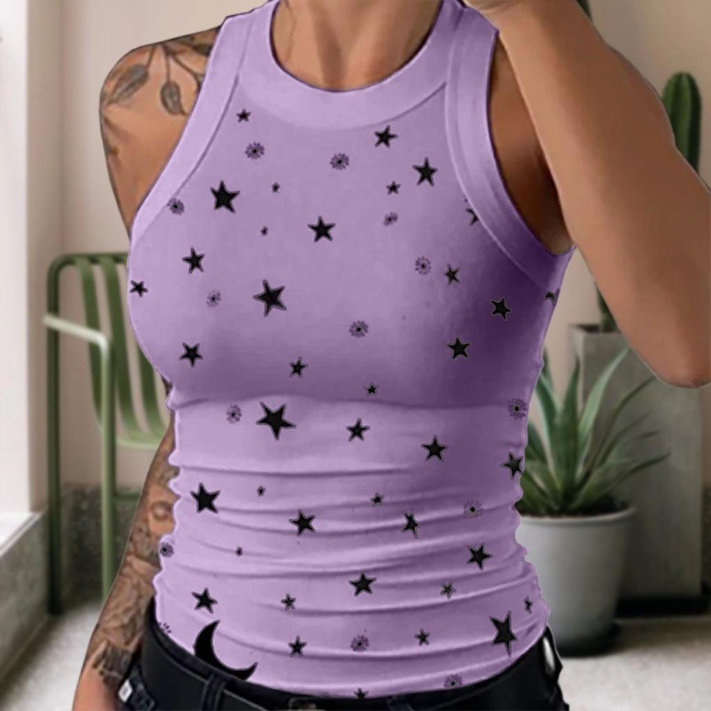 Women's Crew Neck Sleeveless Tank Top Slim Fit Striped Star Print Casual Camisole Tee