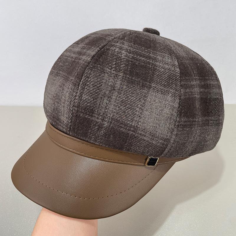 PU Leather-brimmed Retro Plaid Octagonal Hat for Women, Autumn and Winter, Face-slimming Beret, Stylish and Versatile Newsboy Cap