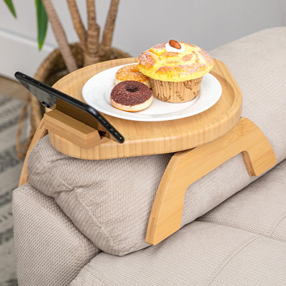 Wooden Sofa Arm Tray,Portable Armrest Table with Rotating Phone Stand for Breakfast,Multi-Purpose Sofa Fruit Snack Clip-On Tray