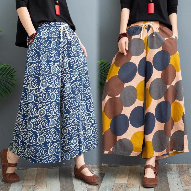 Women's High Waist Drawstring Ramie Wide Leg Culottes Loose Plus Size Nine Length Printed Linen Skort Vintage Floral Palazzo Pants