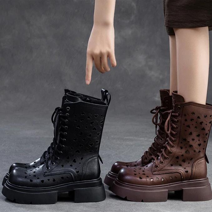 Johnature Hollow-out Breathable Summer Mid-calf Boots Fashion Women's Shoes Genuine Leather Thick Soled Sandals