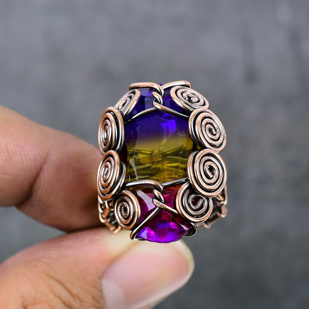 Bi-Color Tourmaline Handmade Copper Wire Wrap Jewelry Ring Size 9 L8m14