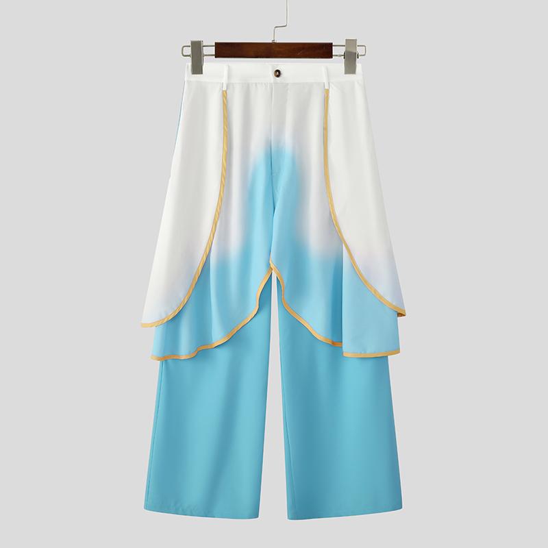 

INCERUN Мужские многослойные брюки с высокой талией, на молнии, повседневные, свободные, с градиентом, с широкими штанинами, длинные S синий