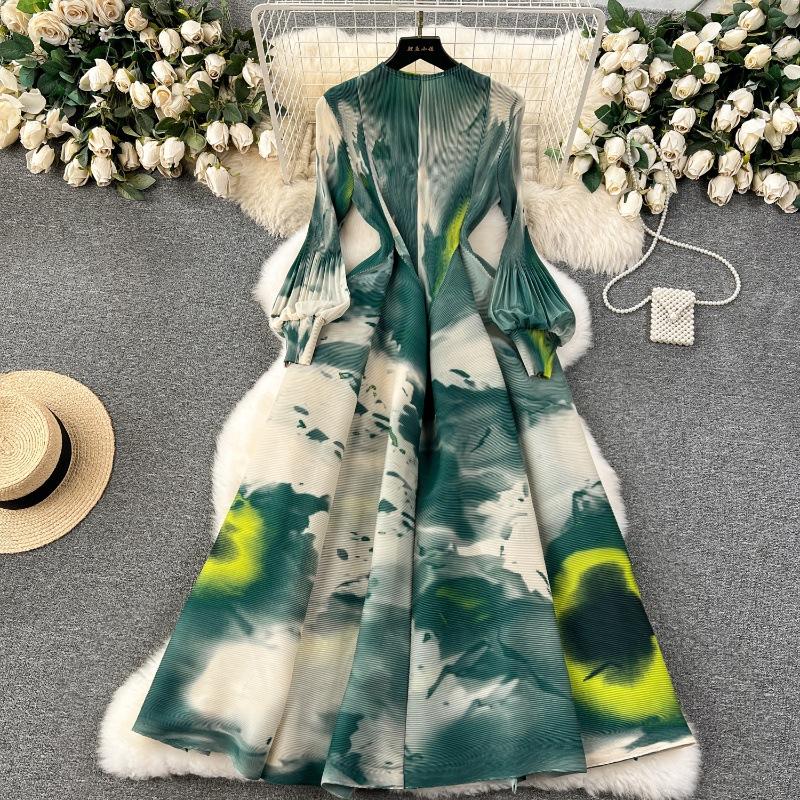 Französisches Kleid für Damen, leicht, luxuriös, schweres Plissee, schmal, langes Design, Swoosh-Druck