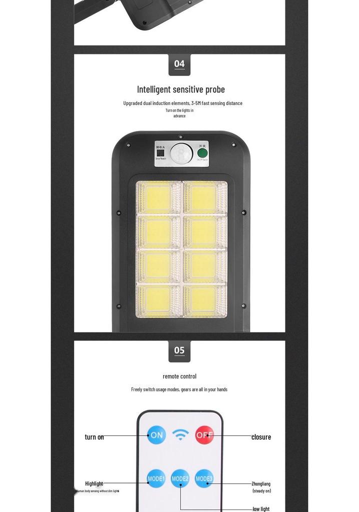 Ultra-Bright Outdoor LED Solar Street Light with Human Motion Sensor and Remote Control, Waterproof for Courtyards and Walkways