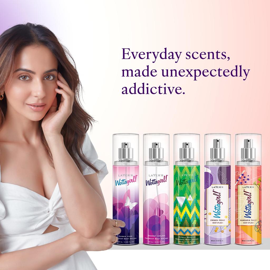Layer’r Wottagirl Body Mist Combo for Women, Pack of 5 (5×60ml) | Mandarin Twist, French Peony, Secret Crush, Amber Kiss & Spell Bound | Long-Lasti