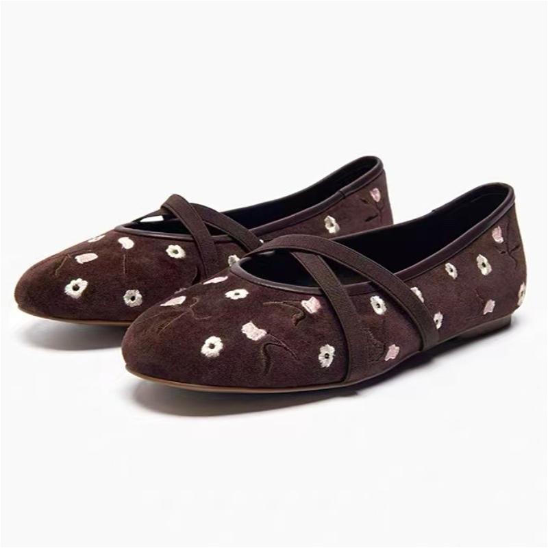 Novelty Suede Embroidery Ballet Flats Women Fashion Round Toe Soft Sole Elegant Mary Jane Shoes Comfort Outdoor Shoes