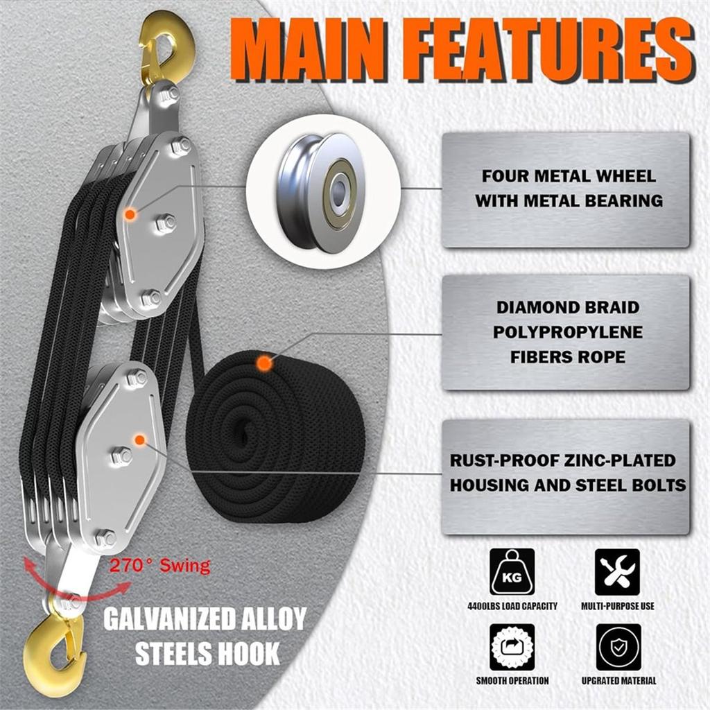 Rope Hoist Pulley System, 4400LB Pulley Block and Tackle, 8:1 Ratio Lifting Power 65ft, Heavy Duty Pulley Block