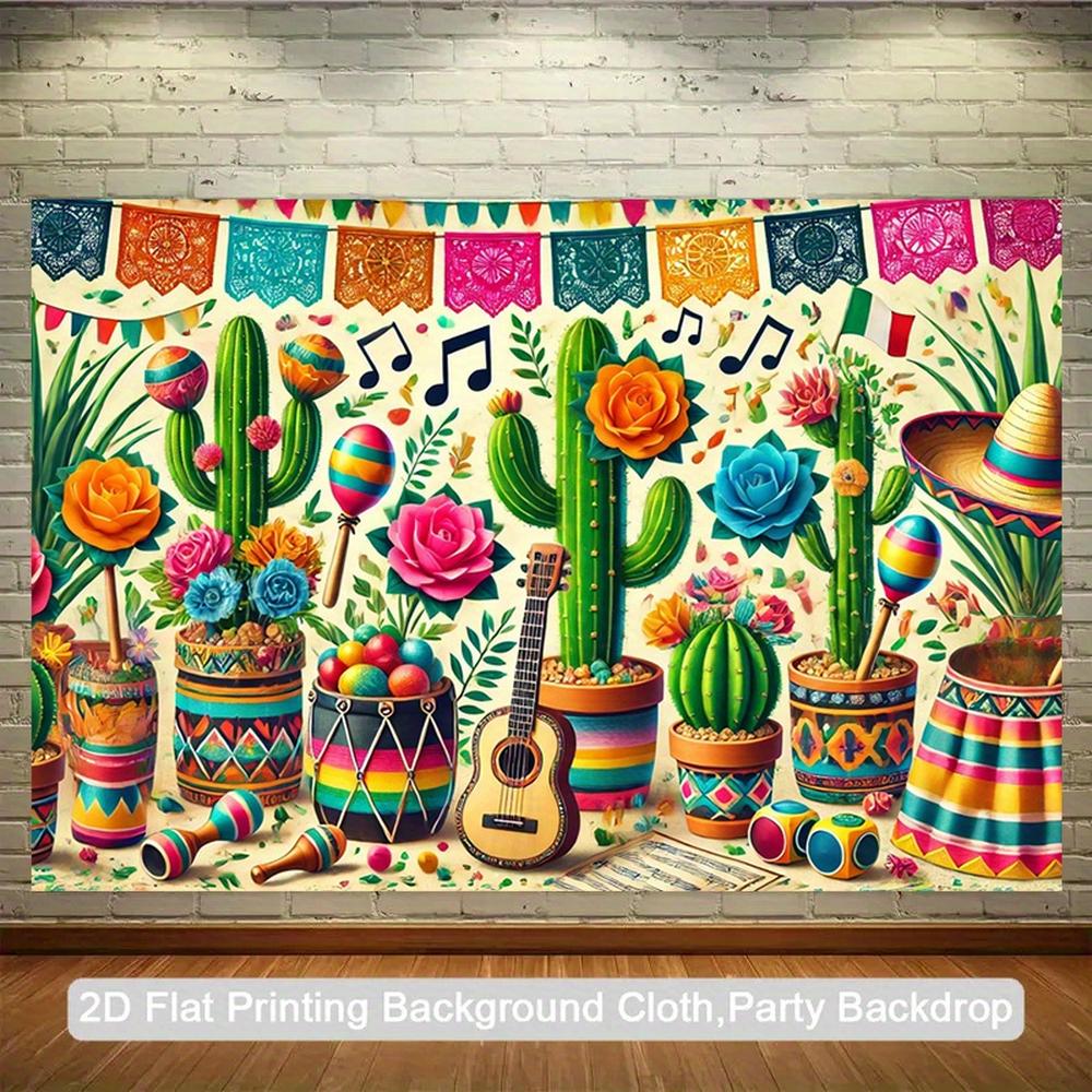 Bannière plate 1 pièce de tissu de fond pour une fête de carnaval mexicain présentant des cactus des chapeaux à larges bords et des maracas