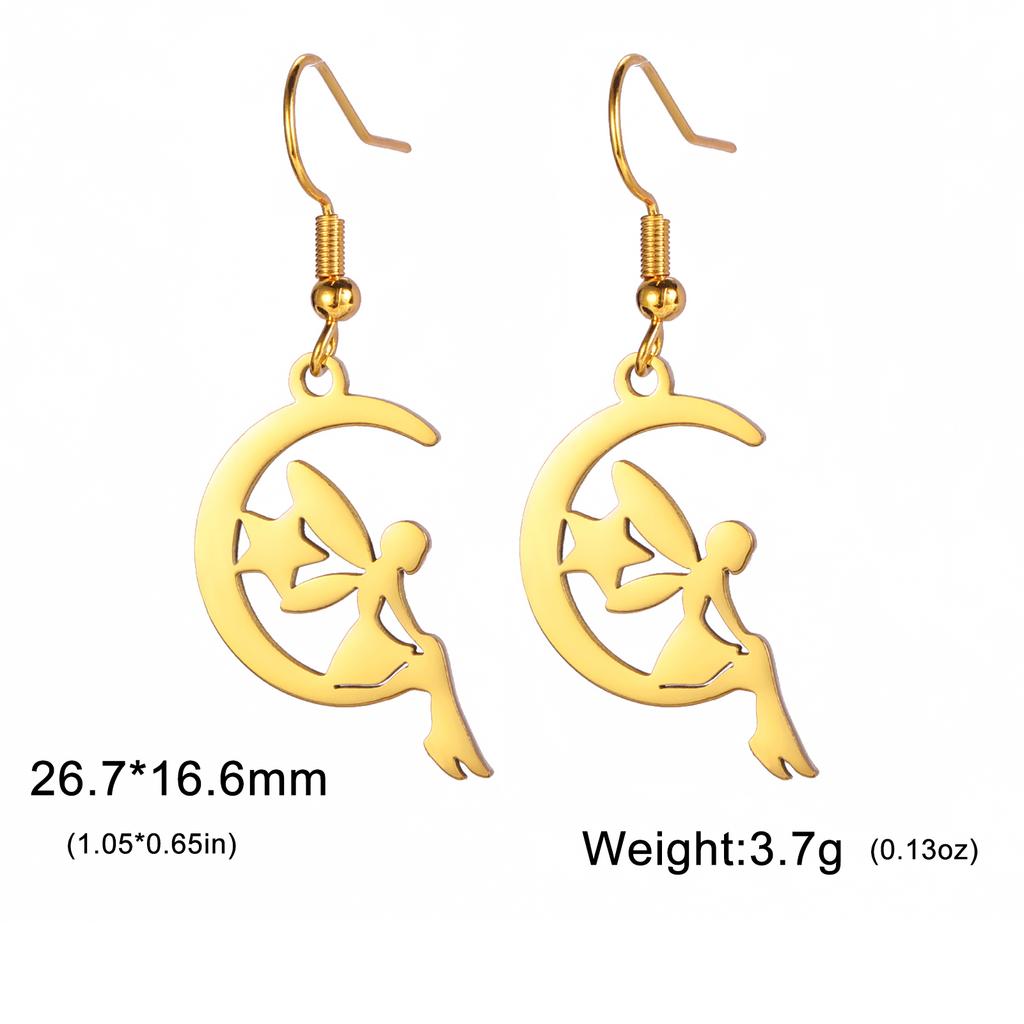 Teamer Hollow Moon Star Drop Earrings Stainless Steel Flower Elf Pendant Dangle Earrings for Women Wedding Party Jewelry Gifts