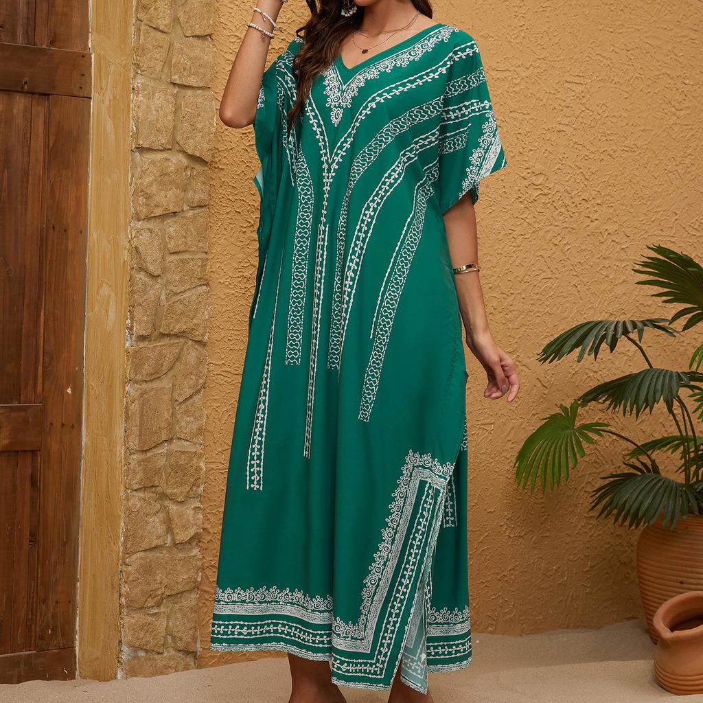 Ethnic Style Printed Resort Robe Large Size Beach Sunscreen Shirts Bikini Outer Cover Shirts Women's Casual Dresses
