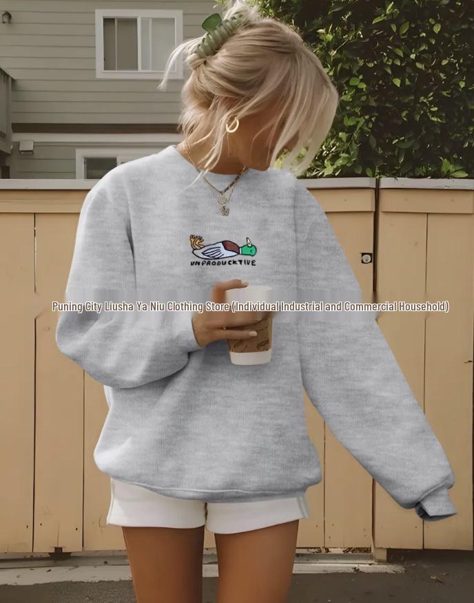 American Fashion Round Neck Sweatshirt: Cute Cartoon Duck Print, Loose Fit, Comfortable for Autumn & Winter.