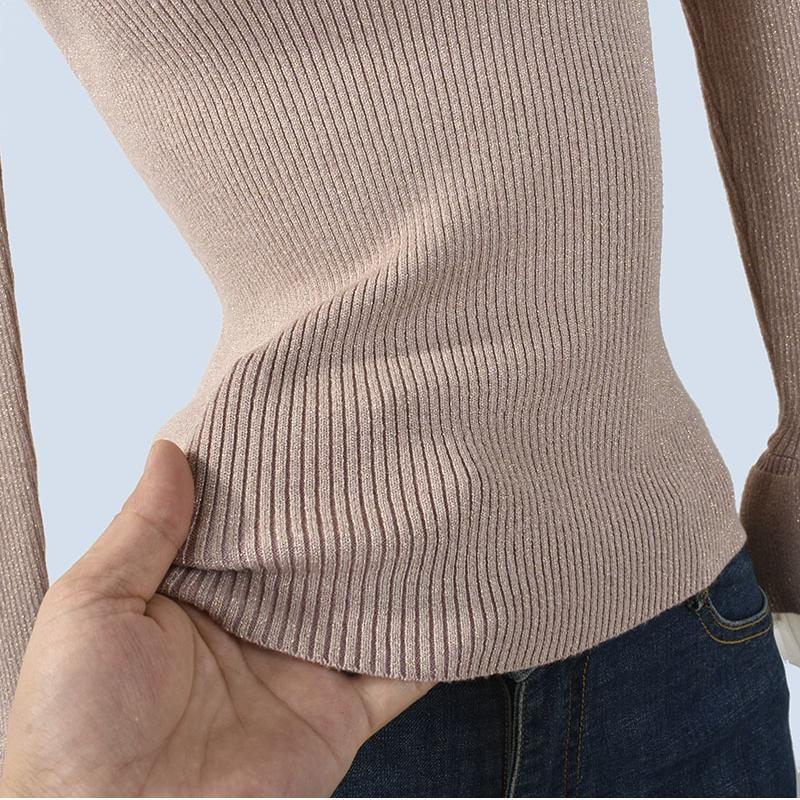 Horn Ruffle Sleeve Chiffon Patchwork Cann Flash Silk Women's Half Turtleneck Base Knitting Women's Fall and Winter Slim Fit Slimming Top