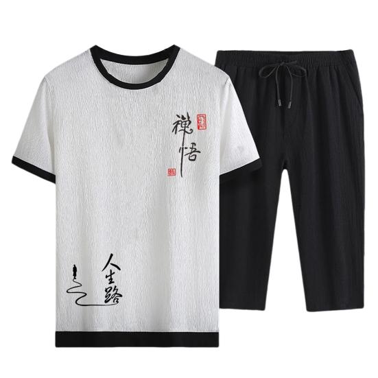 

Мужской летний наряд из 2 шт./компл. с круглым вырезом и коротким рукавом, футболка с китайским иероглифом и принтом, эластичная талия, регулируемый шнурок, укороченные брюки, комплект из ледяного шелка XL белый
