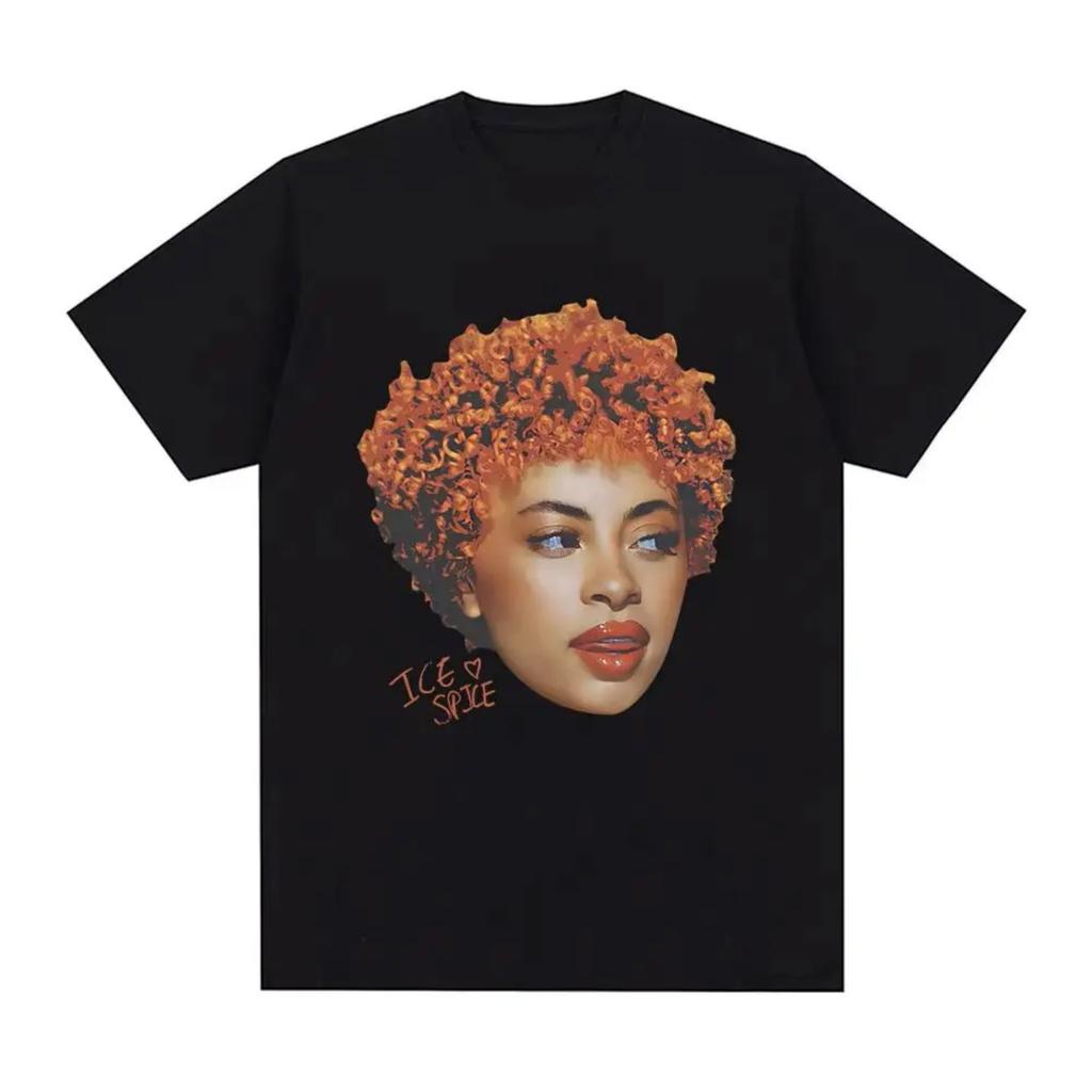 Rapperin Ice Spice Sexy Sonnenuntergang Lockiges Haar Seidig Dick Lippen T-Shirt Damen Mode Hip-Hop Street Tees Sommer Lässiges Oberteil 900077