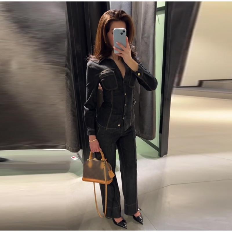 Elegant Denim Solid Color Top Pants Set Women Lapel Single Breasted Pockets Jacket Straight Loose Jeans 2025 Spring Street Fashion Set