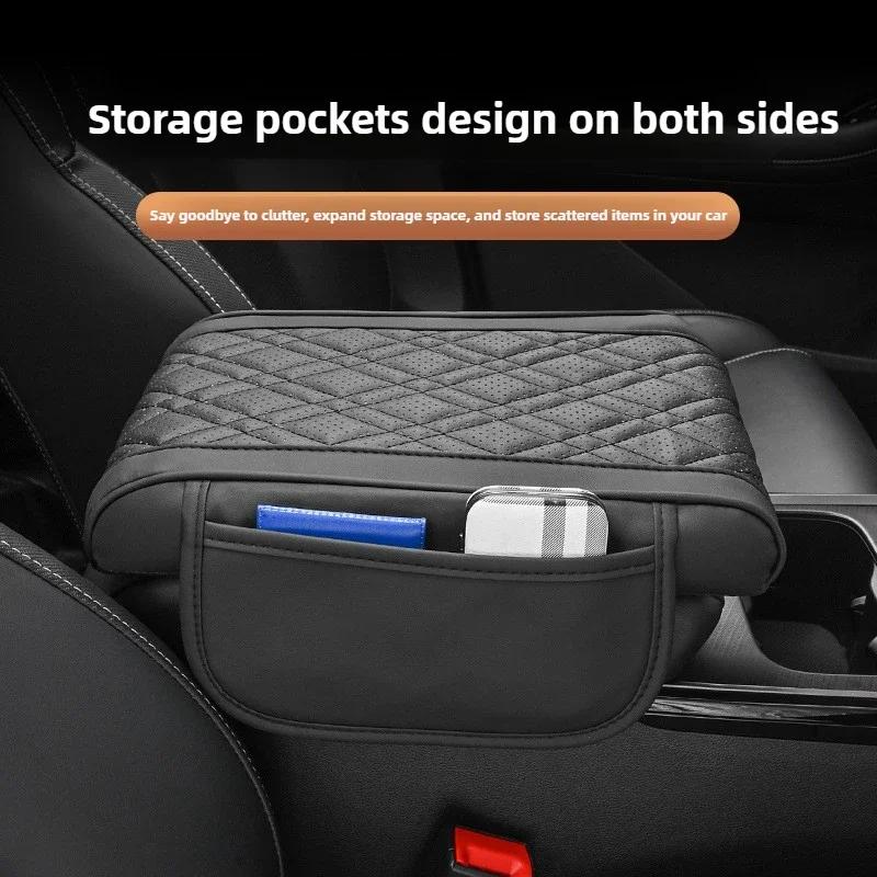 Universal Car Armrest Box Pad Leather Elastic Sponge Height Pad with Side Storage Bag Center Armrest Protective Cushion Support